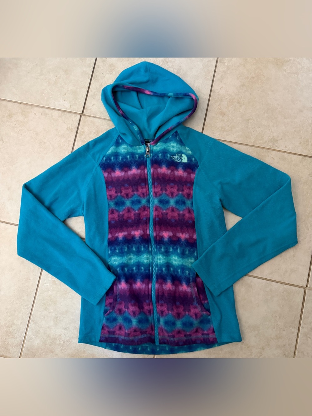 The North Face Teal Hoodie with Purple & Blue Patterned Front